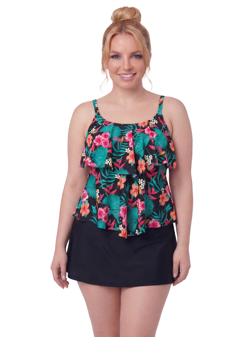 Floral Ruffle Tiered Tankini Set with High Waisted Skater Skirt - 2 Piece Tummy Control Swimsuit