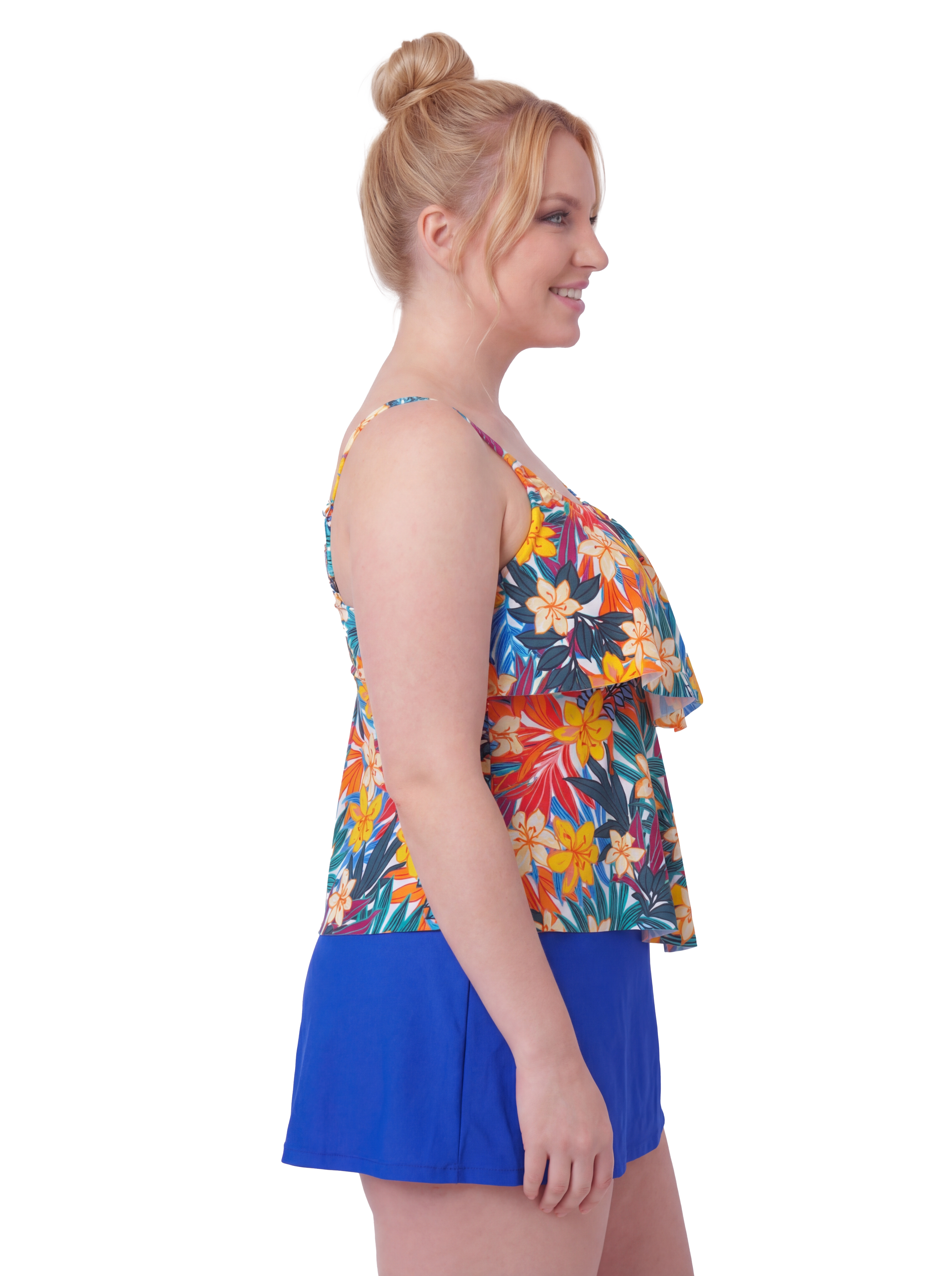 Plus Size Tropical Floral Flounce Tankini Set with Swim Skirt - Two Piece Tummy Control Bathing Suit