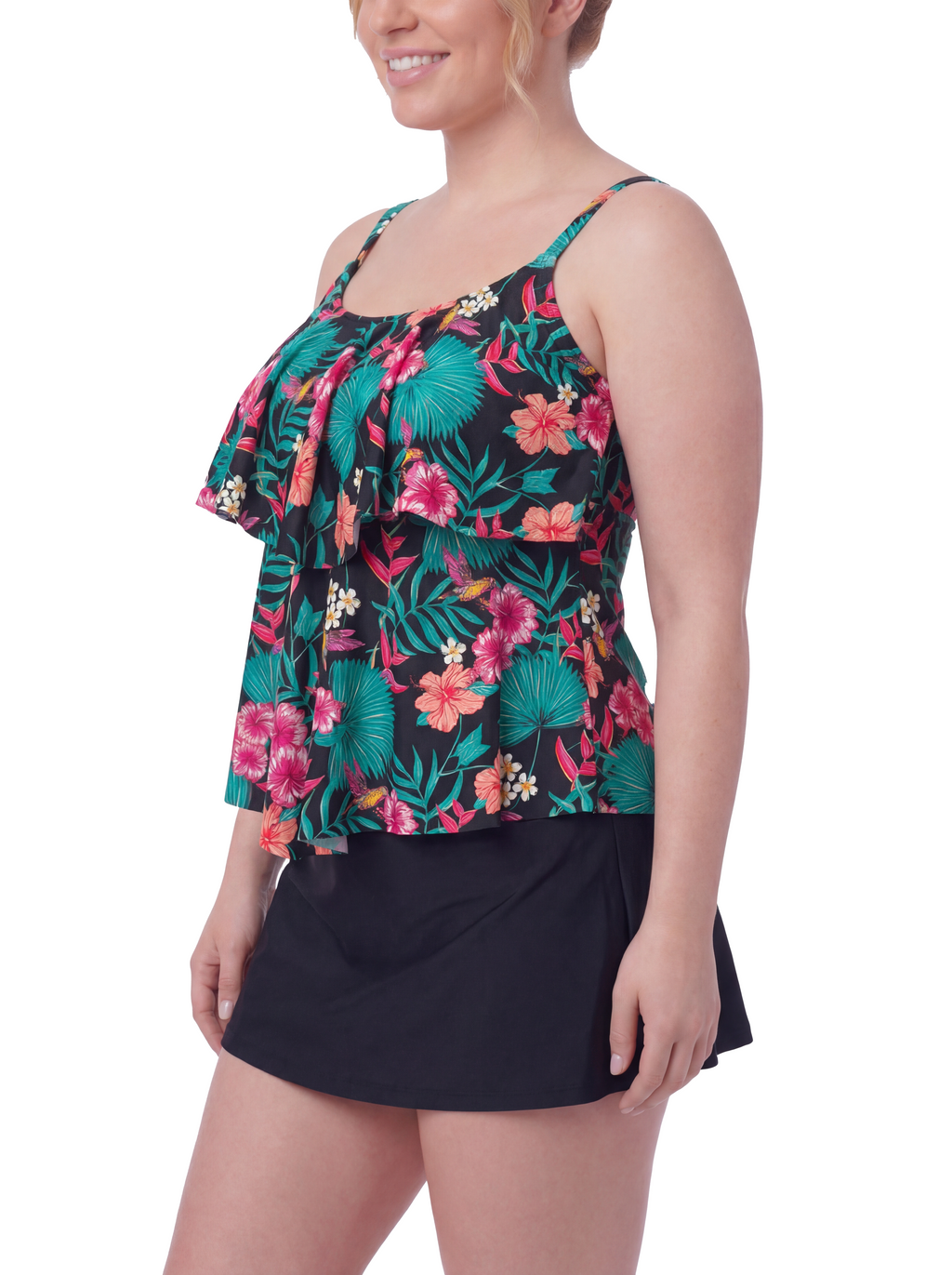 Floral Ruffle Tiered Tankini Set with High Waisted Skater Skirt - 2 Piece Tummy Control Swimsuit