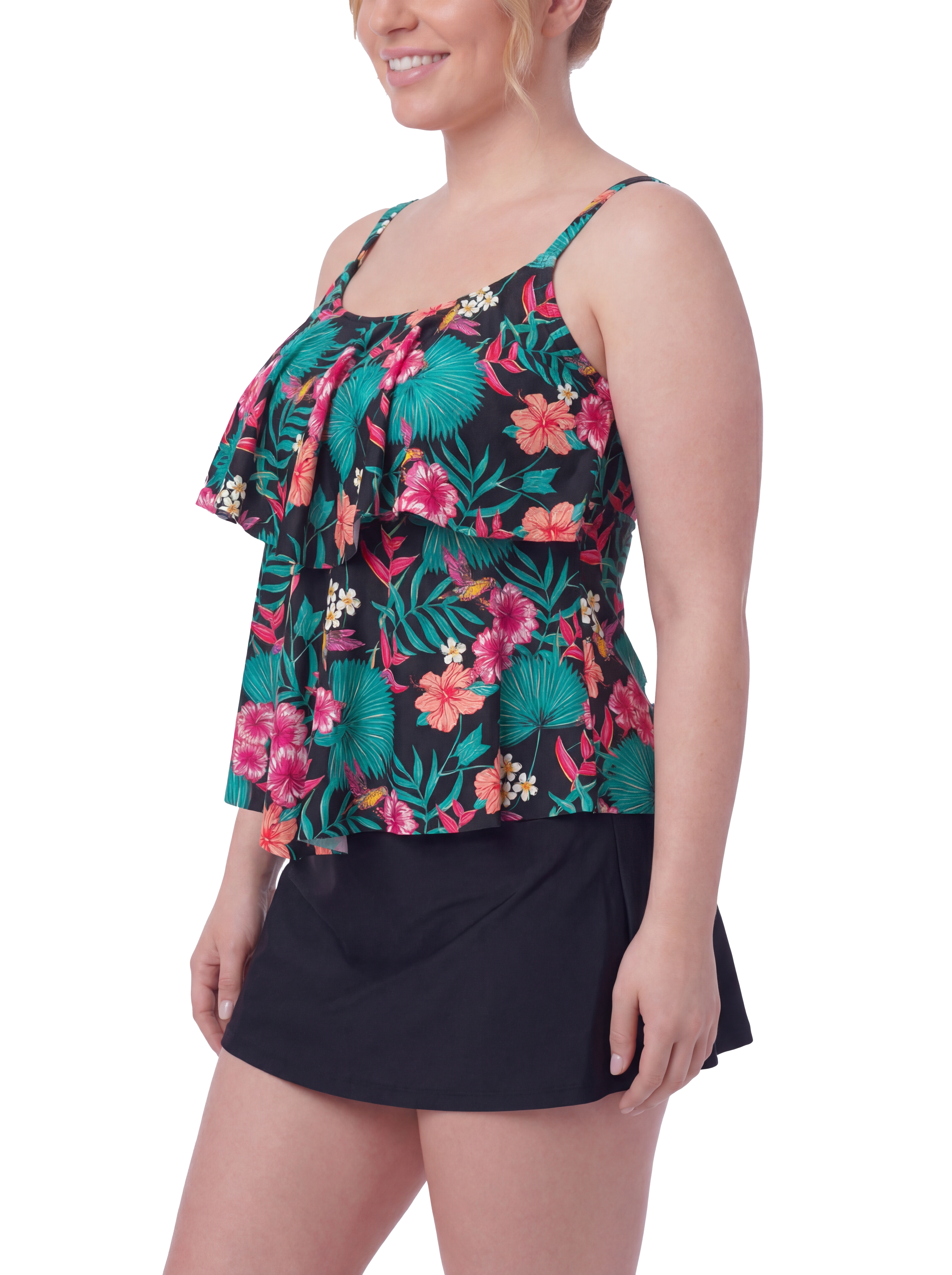 Floral Ruffle Tiered Tankini Set with High Waisted Skater Skirt - 2 Piece Tummy Control Swimsuit
