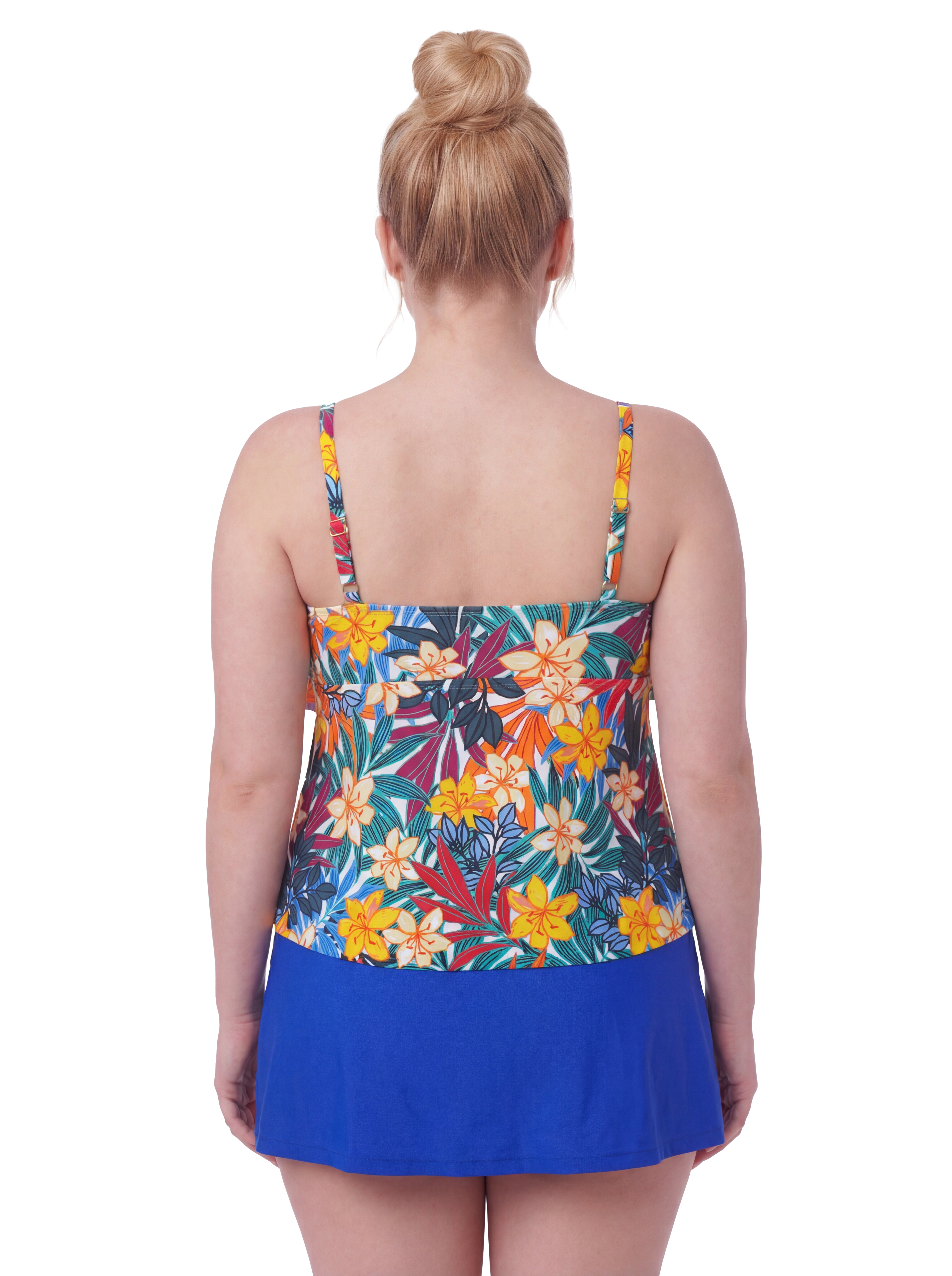 Plus Size Tropical Floral Flounce Tankini Set with Swim Skirt - Two Piece Tummy Control Bathing Suit
